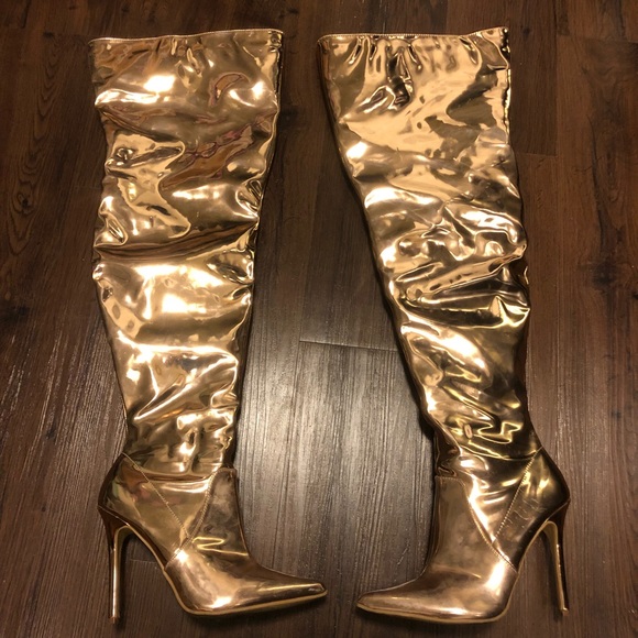 gold metallic thigh high boots